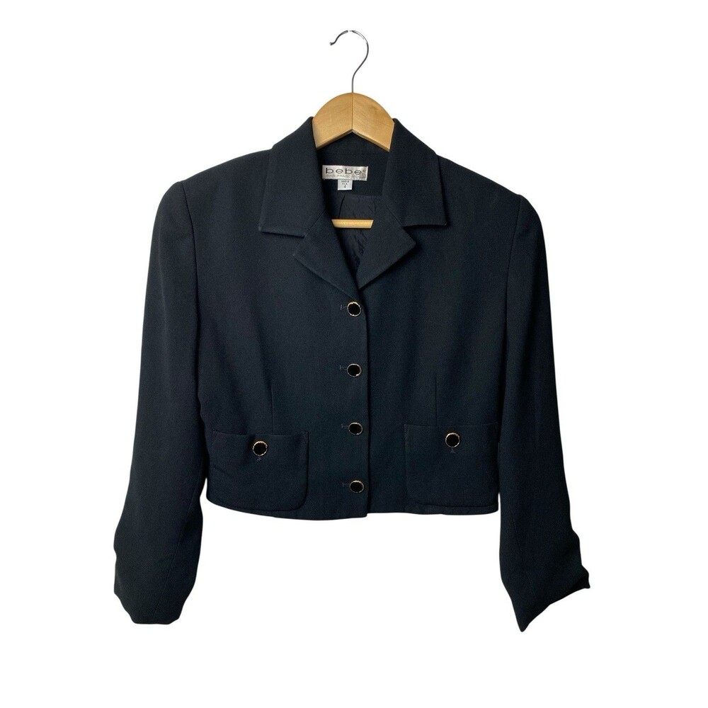 Vintage Bebe Blazer Jacket Black Size 4 Cropped Boxy Gold Button Y2K 90s USA
